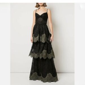 Marchesa Notte Womens Black Sleeveless Scalloped Lace Gown Dress Size 4